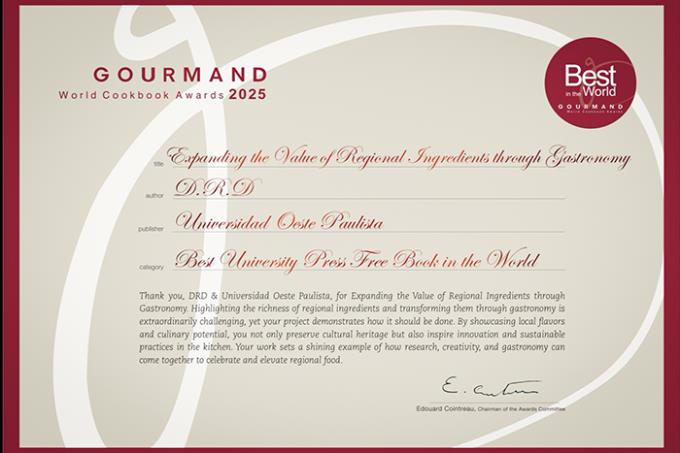 Prêmio conferido à Unoeste, conquistado pelo PPGMadre e curso de Gastronomia 